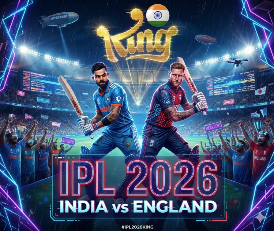 King Exchange IPL 2026 betting banner showing live odds boards ringing an India versus England night match