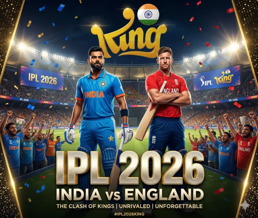 King Exchange IPL 2026 promotional banner for an India versus England fixture, with the King logo above a floodlit stadium crowd